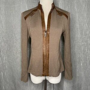 St. John Sport Vintage Leather Trim Zip Front Knit